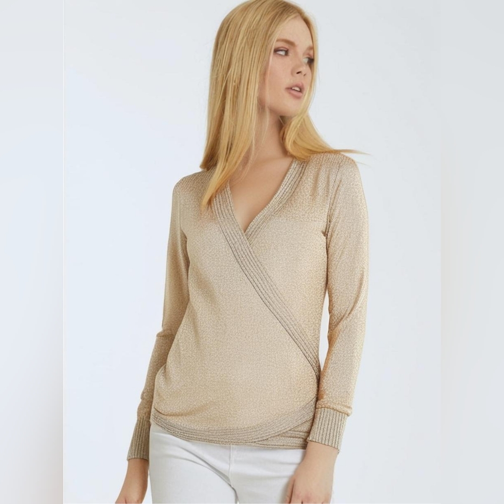 Guess Wrap Front Gold Metallic Sweater